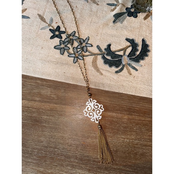 Gold Tone Chain Necklace with Filigree Pendant and Tassel Statement Piece - Picture 3 of 4